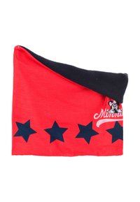 Scaldacollo di tessuto rosso con fodera in pile blu navy, decorato con grandi stelle blu scuro e una grafica di Minnie Mouse con testo.