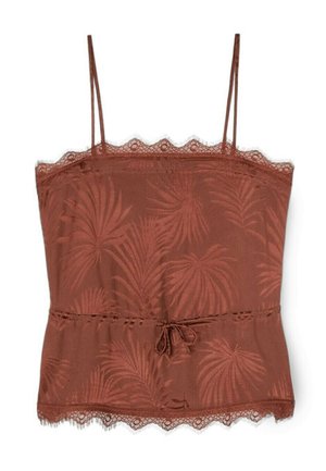 Ruskea hihaton toppi pitsireunuksella, palmulehtikuvio, säädettävät ohuet olkaimet ja kiristysnauha vyötäröllä.