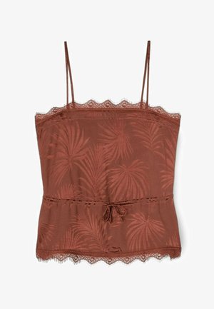 Camisole marron sans manches avec bordure en dentelle, motif de feuilles de palmier, bretelles spaghetti réglables et taille à cordon de serrage.