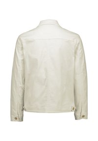Jasnobeżowa kurtka dżinsowa, z klasycznym kołnierzem, długimi rękawami, mankietami zapinanymi na guziki oraz dwuguzikowym zapięciem przy dolnym brzegu. Gładka faktura, prosty design.