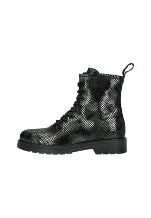 Black lace-up combat boots with a textured snakeskin pattern, sturdy rubber sole, and pull tab at the heel for easy wear.