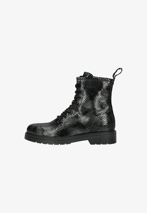 Black lace-up combat boots with a textured snakeskin pattern, sturdy rubber sole, and pull tab at the heel for easy wear.