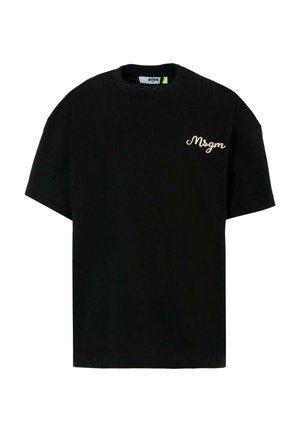 T-shirt en coton noir à manches courtes, avec un petit logo doré "Msgm" brodé sur la poitrine. Encolure classique, coupe décontractée.