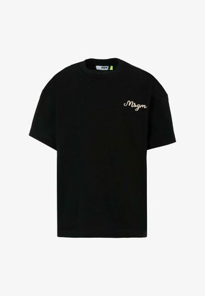 T-shirt in cotone nero con maniche corte, caratterizzato da un piccolo logo dorato "Msgm" ricamato sul petto. Collo rotondo classico, vestibilità rilassata.