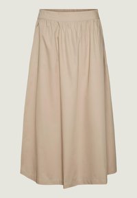 Beige midikjol gjord av mjuk tyg med en rynkad midja. Har en flödande A-linjeform och en slät, odekorerad yta.