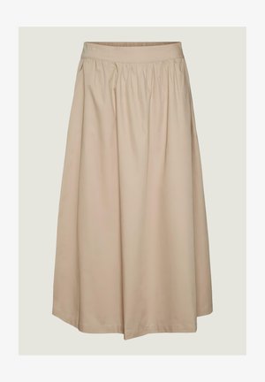 Jupe midi beige en tissu doux avec une taille froncée. Présente une forme évasée fluide et une surface lisse, sans ornement.