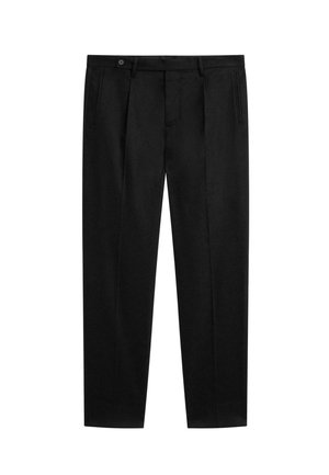 Pantaloni neri con design a gamba dritta, dotati di pieghe frontali, tasche laterali e chiusura con bottone. Tessuto liscio con finitura opaca.