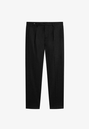 Black trousers with a straight leg design, featuring front pleats, side pockets, and a button closure. Smooth fabric with a matte finish.