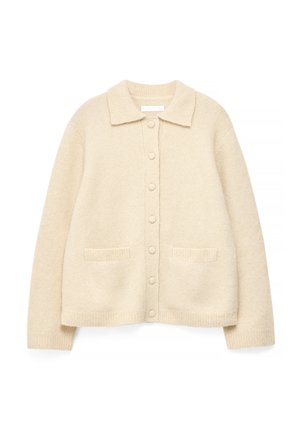 Kreminės spalvos megztinis kardiganas su apykakle, priekyje užsegamas sagomis, ilgomis rankovėmis ir dviem mažomis priekinėmis kišenėmis.