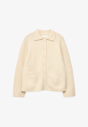 Gebreide gebroken witte cardigan met kraag, knoopsluiting aan de voorkant, lange mouwen en twee kleine voorzakken.