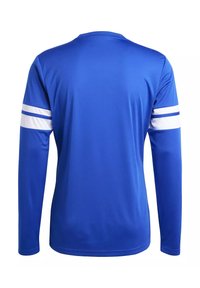 T-shirt de sport à manches longues bleu roi avec doubles bandes blanches autour des bras, montré de dos sur fond blanc.