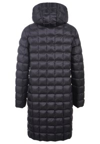 Abrigo negro acolchado con un diseño de acolchado y capucha. El material tiene una textura lisa y brillante, con una silueta larga y mangas largas.