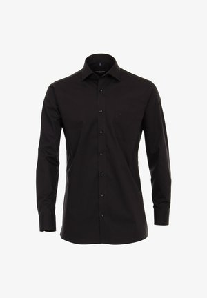 Zwarte lange mouwen blouse met knopen, kraag en borstzak, getoond op een effen witte achtergrond.