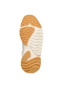 Suola delle scarpe in beige e arancione, caratterizzata da modelli di grip testurizzati, elementi di design ondulati e il marchio "Flower Mountain" sul tallone.