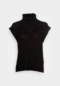 Czarny dzianinowy sweter z golfem i krótkimi rękawami, o prążkowanej fakturze i luźnym kroju, idealny do nakładania warstw.