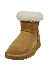 Helle Wildleder-Stiefelette mit weißem Kunstfellkragen, die dekorative Nähte am oberen Rand und eine strukturierte Gummisohle aufweist.