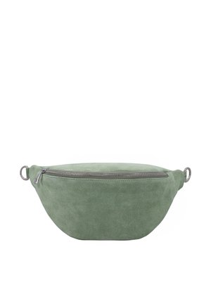Green suede waist bag with silver zipper and metal rings on each side for attaching a strap, shown on white background.
