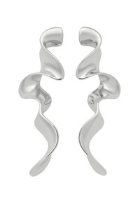 Silberohrringe mit einem fließenden, wellenförmigen Design, das eine polierte, reflektierende Oberfläche und offene Enden aufweist, was einen zeitgenössischen Look verleiht.