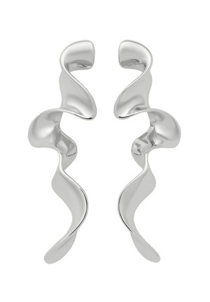 Silver earrings with a fluid, wavy design, featuring a polished, reflective surface and open ends, giving a contemporary look.