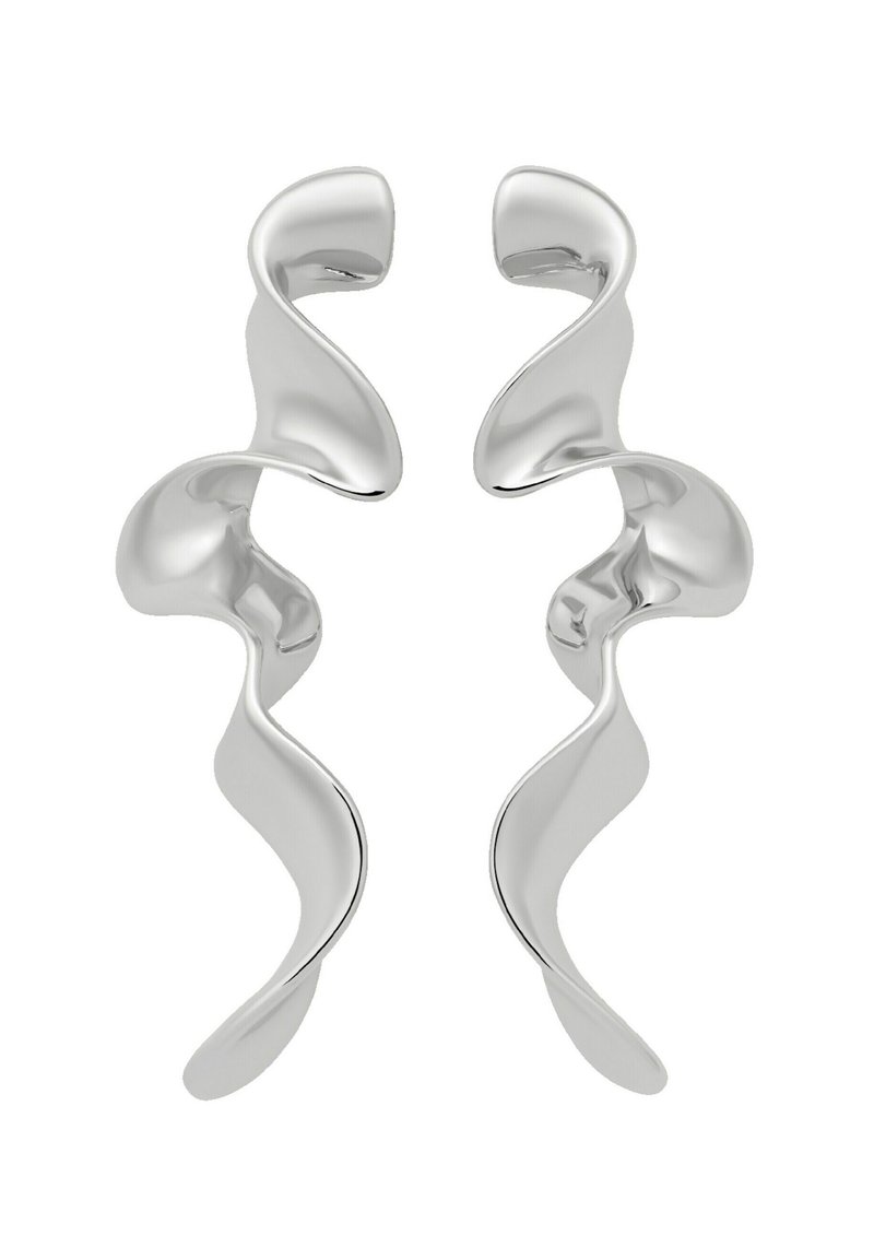 Silberohrringe mit einem fließenden, wellenförmigen Design, das eine polierte, reflektierende Oberfläche und offene Enden aufweist, was einen zeitgenössischen Look verleiht.
