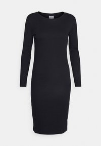 Zwart lang mouw aansluitend jurkje met ribbelstructuur, ronde halslijn en een knielange snit. Eenvoudig ontwerp zonder zichtbare patronen of accenten.