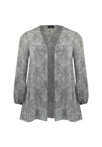 Halenka s paisley vzorem v odstínech šedé a zelené, s dlouhými nabíranými rukávy a výstřihem do V, vyrobená z lehké, jemně splývavé látky.