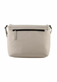 Borsa a tracolla beige realizzata in materiale sintetico liscio, dotata di chiusura superiore con zip e tracolla regolabile. Include una tasca frontale con zip.
