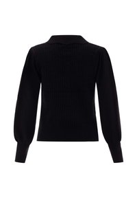 Schwarzer langärmeliger Strickpullover mit strukturiertem Muster, gerippten Bündchen und weitem Kragen, von hinten gezeigt.
