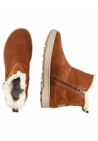 Braune Wildleder-Ankle-Boots mit einem plüschigen weißen Futter, seitlichem Reißverschluss und strukturiertem Gummisohle für besseren Halt.