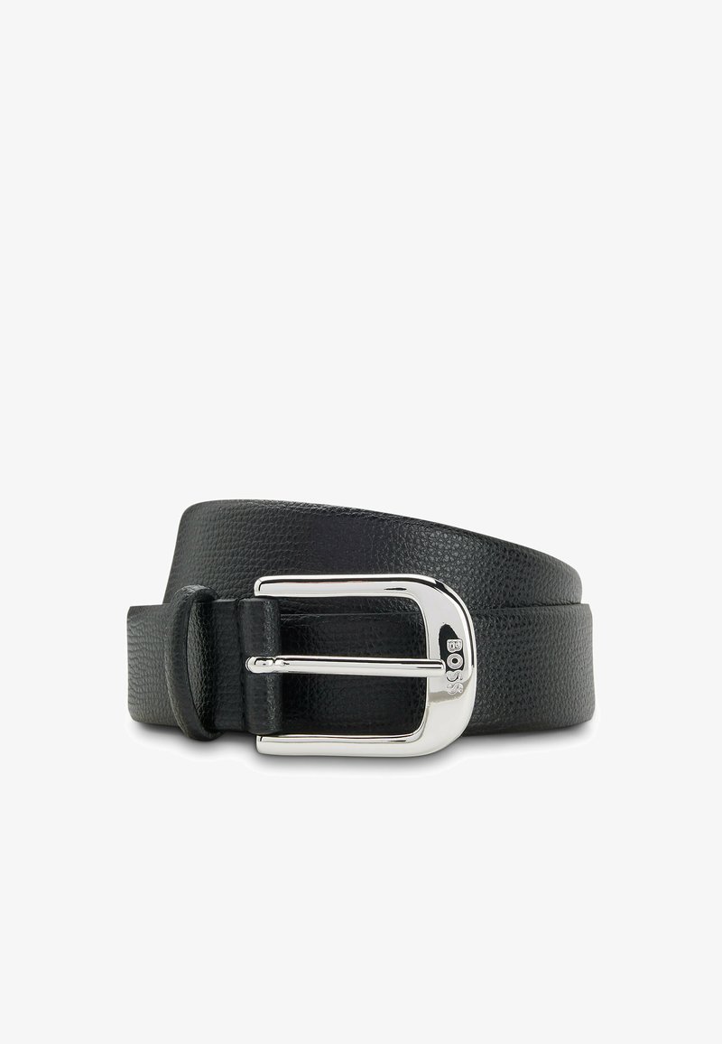 Black leather belt with a textured finish, featuring a polished silver metal buckle and a single keeper loop.