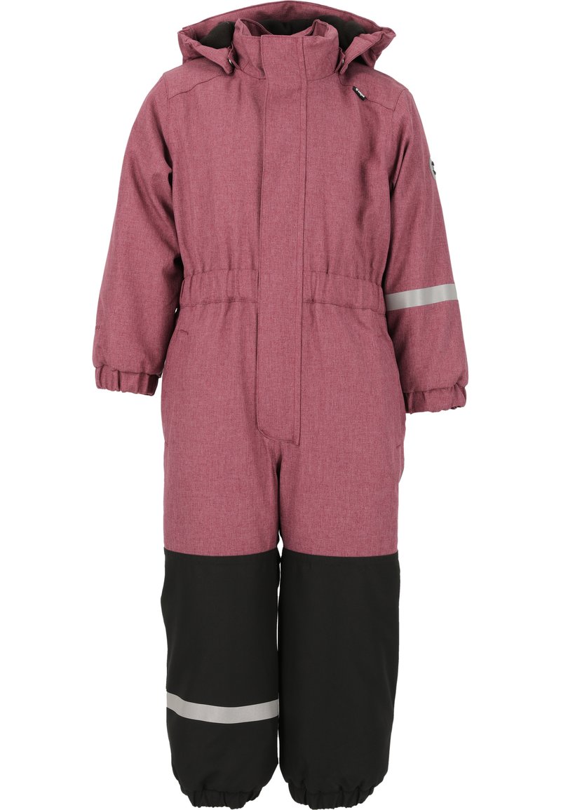 Barnens vinteroverall i vinröd och svart, med en quiltad yta, hållbart tyg, huva, elastiska ärmslut och reflekterande detaljer.