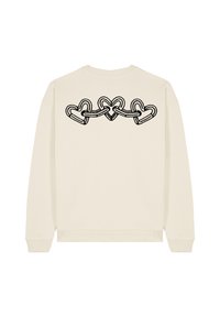 Felpa color crema con un design di catena a forma di cuore astratto nero sul retro, con collo a giro e polsini a coste. Texture morbida.