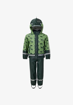 Tuta da pioggia verde per bambini con stampe di dinosauri, cappuccio con occhi e denti, strisce riflettenti su maniche e gambe e polsini elastici.
