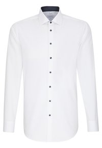 Witte langemouwen overhemd met een kraag met knopen, voorzien van marineblauwe knopen en een gestructureerde binnencollar voor contrast. Gladde stof, getailleerde pasvorm.