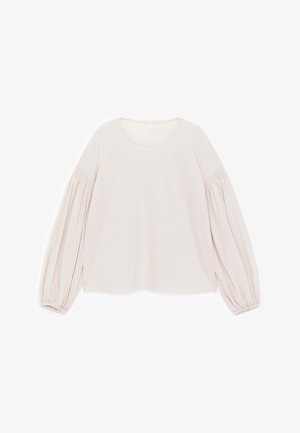 Hellbeiges Langarmshirt mit rundem Halsausschnitt und voluminösen Ärmeln mit gerafften Bündchen. Weiche Stoffstruktur.