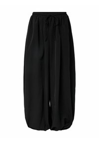 Czarne, luźne spodnie z elastycznym pasem i sznurkiem do regulacji. Gładka faktura i swobodny, szeroki krój nogawek.