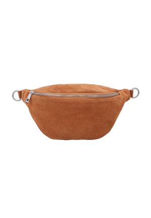 Braune Wildleder-Gürteltasche mit silbernem Reißverschluss und Metallringen an beiden Seiten zum Befestigen eines Riemens.