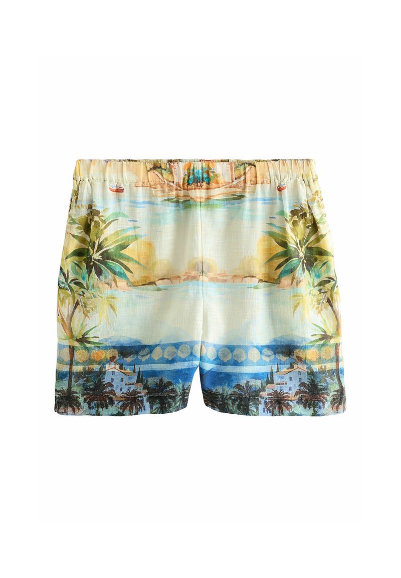 Herreshorts med elastisk talje og tropisk strandprint med palmer, hav, både og kysthuse i blå, grønne og beige nuancer.