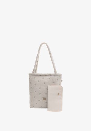 Tote bag in light beige, made of fluffy fabric with small green leaf patterns; includes a matching flat pouch with a button closure.