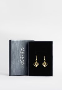 Guld diamantformede øreringe i en sort fløjl-beklædt æske. Har et geometrisk design med en gennemsigtig detalje. Æsken har en struktureret sølvfinish.