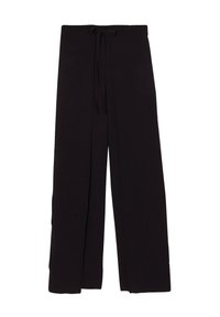 Pantalons larges noirs en matériau doux, dotés d'une taille élastique avec cordon de serrage et d'une coupe décontractée pour le confort.