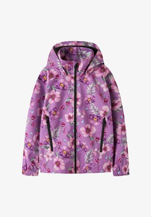 Lilla hettejakke med rosa og lilla blomsterprint, frontglidelås, to glidelåslommer på sidene og elastiske mansjetter.