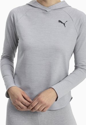 Hoodie à manches longues gris clair en tissu doux, doté d'une poche kangourou et d'un logo Puma noir sur la poitrine.