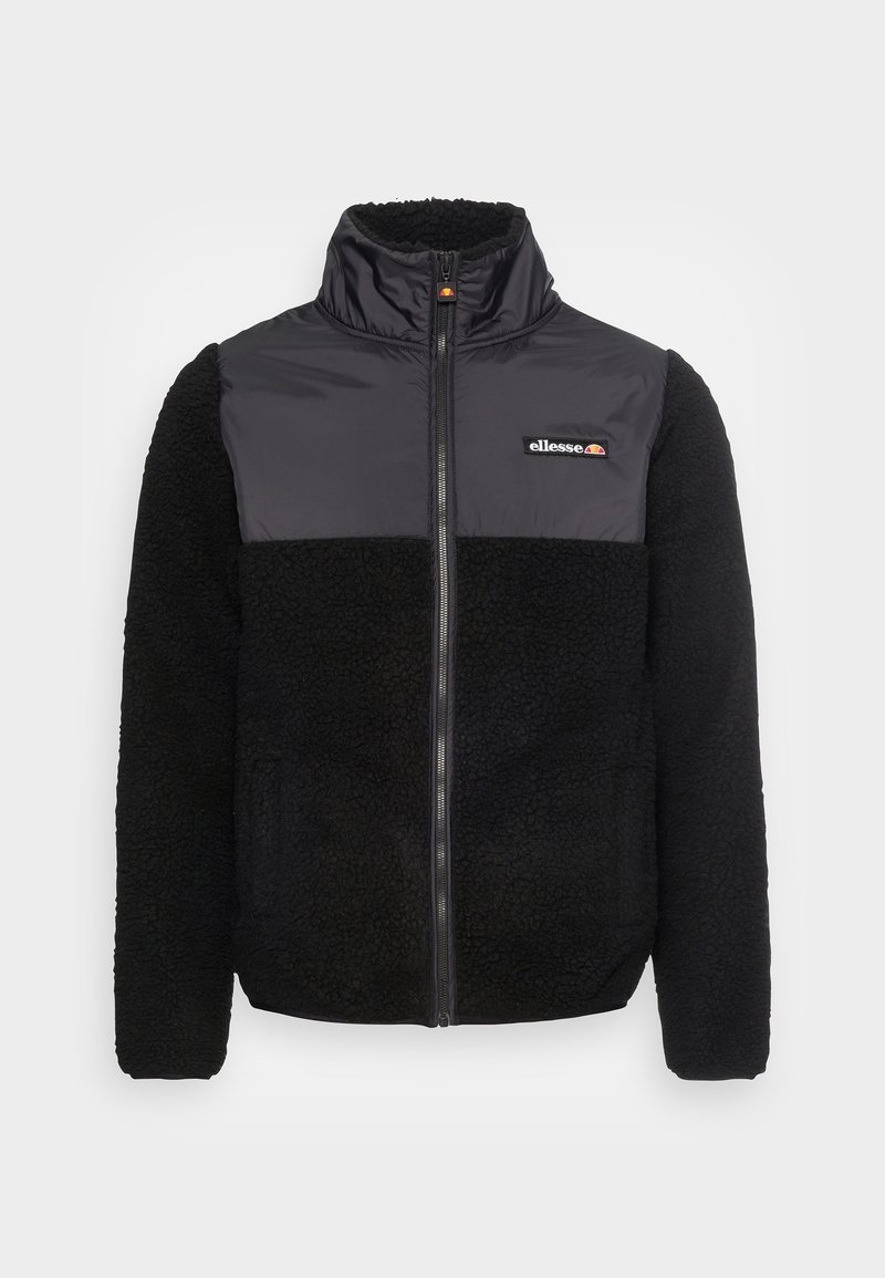 Veste noire zippée avec corps et manches en polaire, panneau poitrine en tissu lisse, col montant et petit logo ellesse sur la poitrine gauche.