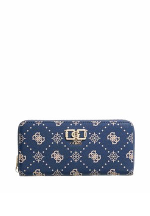 Portefeuille à fermeture éclair Blue Guess avec motif répétitif de logo beige et emblème logo en métal doré au centre avant.