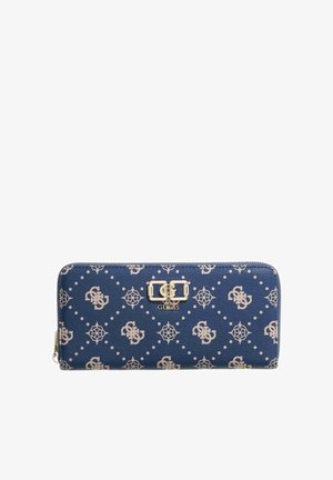 Portefeuille à fermeture éclair Blue Guess avec motif répétitif de logo beige et emblème logo en métal doré au centre avant.