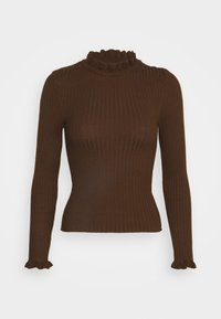 Pull col roulé marron côtelé à manches longues, avec col et poignets à volants, fabriqué en tricot texturé.