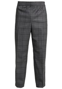 Grå rutiga byxor med elastiskt midjeband, smal bendesign och subtil textur. Har ett mjukt, lätt material.