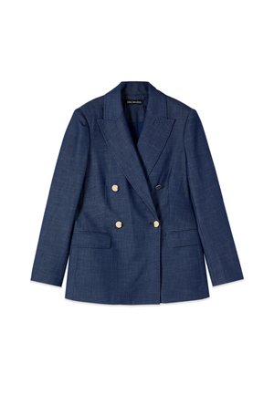 Blazer doppiopetto blu navy con ampie rever, bottoni dorati e due tasche frontali con pattina, vestibilità sagomata.