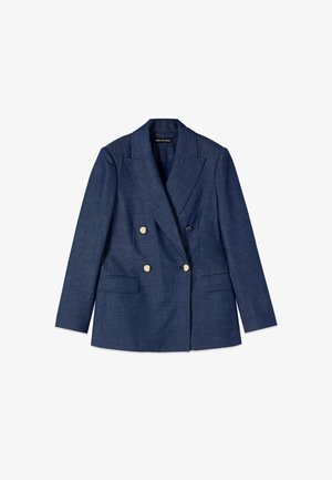 Navy blue double-breasted blazer with wide lapels, gold buttons, and two front flap pockets, tailored fit.